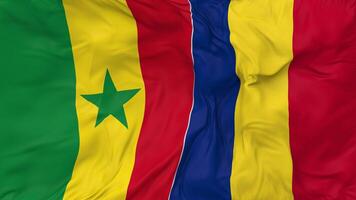 Senegal y Rumania banderas juntos sin costura bucle fondo, serpenteado bache textura paño ondulación lento movimiento, 3d representación video