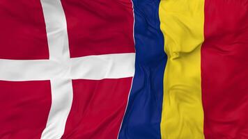 Denmark and Romania Flags Together Seamless Looping Background, Looped Bump Texture Cloth Waving Slow Motion, 3D Rendering video