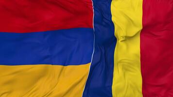 Armenia and Romania Flags Together Seamless Looping Background, Looped Bump Texture Cloth Waving Slow Motion, 3D Rendering video