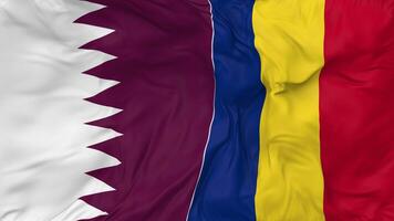 Qatar and Romania Flags Together Seamless Looping Background, Looped Bump Texture Cloth Waving Slow Motion, 3D Rendering video