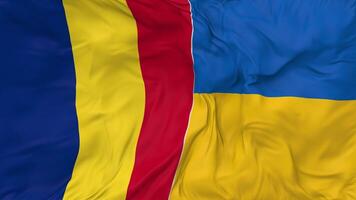 Ucrania y Rumania banderas juntos sin costura bucle fondo, serpenteado bache textura paño ondulación lento movimiento, 3d representación video