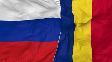 Russia and Romania Flags Together Seamless Looping Background, Looped Bump Texture Cloth Waving Slow Motion, 3D Rendering video