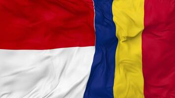 Indonésia e romênia bandeiras juntos desatado looping fundo, em loop colisão textura pano acenando lento movimento, 3d Renderização video