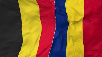 Bélgica y Rumania banderas juntos sin costura bucle fondo, serpenteado bache textura paño ondulación lento movimiento, 3d representación video