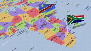 sul África e dr Congo bandeira acenando com a mundo mapa, desatado ciclo dentro vento, 3d Renderização video