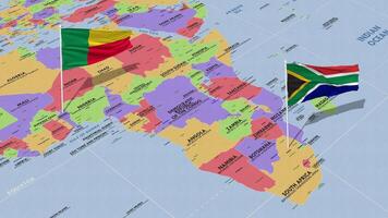 benin y sur África bandera ondulación con el mundo mapa, sin costura lazo en viento, 3d representación video