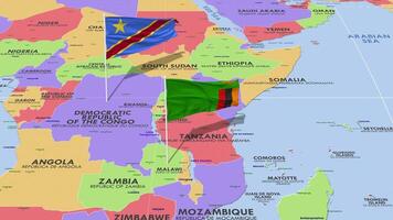 Zambia and DR Congo Flag Waving with The World Map, Seamless Loop in Wind, 3D Rendering video