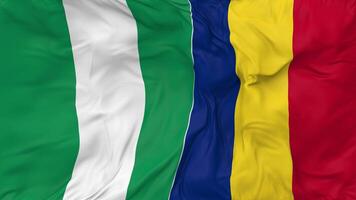 Nigeria and Romania Flags Together Seamless Looping Background, Looped Bump Texture Cloth Waving Slow Motion, 3D Rendering video