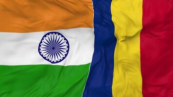 India and Romania Flags Together Seamless Looping Background, Looped Bump Texture Cloth Waving Slow Motion, 3D Rendering video