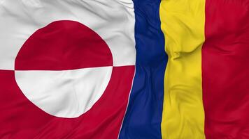Groenland en Roemenië vlaggen samen naadloos looping achtergrond, lusvormige buil structuur kleding golvend langzaam beweging, 3d renderen video