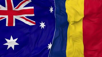 Australia and Romania Flags Together Seamless Looping Background, Looped Bump Texture Cloth Waving Slow Motion, 3D Rendering video