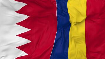 Bahrain and Romania Flags Together Seamless Looping Background, Looped Bump Texture Cloth Waving Slow Motion, 3D Rendering video