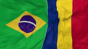 Brazil and Romania Flags Together Seamless Looping Background, Looped Bump Texture Cloth Waving Slow Motion, 3D Rendering video