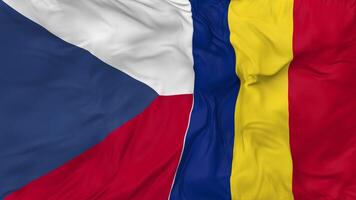 tcheco república e romênia bandeiras juntos desatado looping fundo, em loop colisão textura pano acenando lento movimento, 3d Renderização video