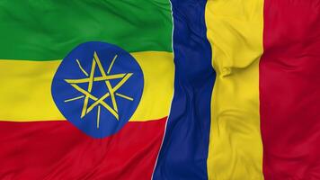 Ethiopië en Roemenië vlaggen samen naadloos looping achtergrond, lusvormige buil structuur kleding golvend langzaam beweging, 3d renderen video