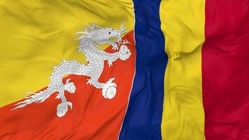 Bhutan and Romania Flags Together Seamless Looping Background, Looped Bump Texture Cloth Waving Slow Motion, 3D Rendering video