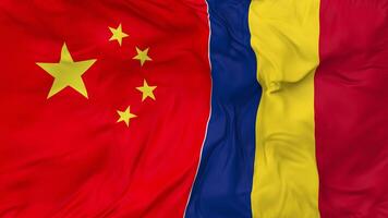 China and Romania Flags Together Seamless Looping Background, Looped Bump Texture Cloth Waving Slow Motion, 3D Rendering video