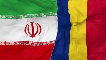 Iran and Romania Flags Together Seamless Looping Background, Looped Bump Texture Cloth Waving Slow Motion, 3D Rendering video