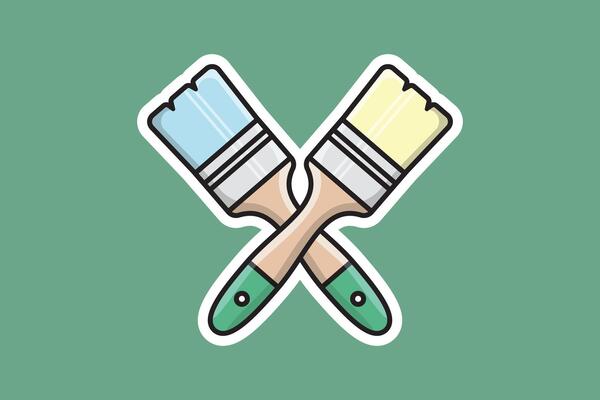 Paint Brush in Cross Sign Sticker design vector illustration. Painting working tool equipment icon concept. Paint Brush sticker vector design with shadow.