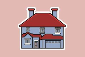 House Building Sticker vector illustration. Building and landmark object icon concept. Beautiful minimalist home front view with roof sticker design logo with shadow.