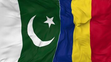Pakistán y Rumania banderas juntos sin costura bucle fondo, serpenteado bache textura paño ondulación lento movimiento, 3d representación video