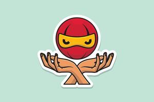 Cute Ninja Head on Hands Sticker design vector illustration. Ninja icon Concept. Ninja warrior icon. Simple black ninja head and hands in cross sign sticker design logo icons.