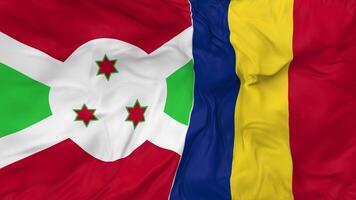 Burundi e romênia bandeiras juntos desatado looping fundo, em loop colisão textura pano acenando lento movimento, 3d Renderização video