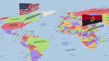 Angola e Unidos estados bandeira acenando com a mundo mapa, desatado ciclo dentro vento, 3d Renderização video