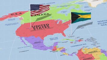 bahamas e Unidos estados bandeira acenando com a mundo mapa, desatado ciclo dentro vento, 3d Renderização video
