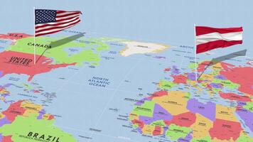 Áustria e Unidos estados bandeira acenando com a mundo mapa, desatado ciclo dentro vento, 3d Renderização video