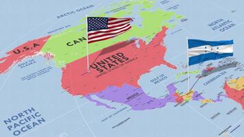 Honduras and United States Flag Waving with The World Map, Seamless Loop in Wind, 3D Rendering video