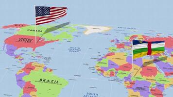 central africano república e Unidos estados bandeira acenando com a mundo mapa, desatado ciclo dentro vento, 3d Renderização video