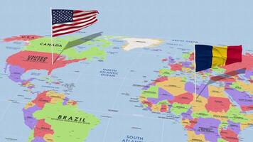 Chade e Unidos estados bandeira acenando com a mundo mapa, desatado ciclo dentro vento, 3d Renderização video