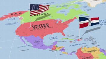 dominicano república y unido estados bandera ondulación con el mundo mapa, sin costura lazo en viento, 3d representación video