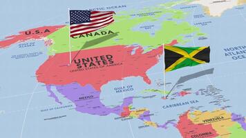 Jamaica y unido estados bandera ondulación con el mundo mapa, sin costura lazo en viento, 3d representación video