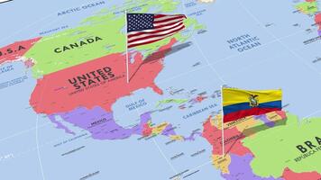 Equador e Unidos estados bandeira acenando com a mundo mapa, desatado ciclo dentro vento, 3d Renderização video