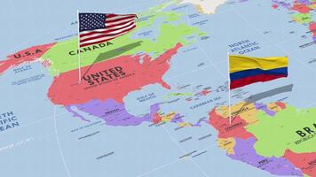 Colômbia e Unidos estados bandeira acenando com a mundo mapa, desatado ciclo dentro vento, 3d Renderização video