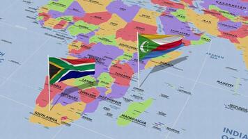 comore e Sud Africa bandiera agitando con il mondo carta geografica, senza soluzione di continuità ciclo continuo nel vento, 3d interpretazione video