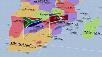 eswatini y sur África bandera ondulación con el mundo mapa, sin costura lazo en viento, 3d representación video