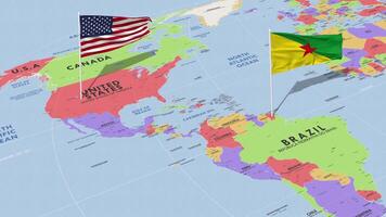 francés Guayana y unido estados bandera ondulación con el mundo mapa, sin costura lazo en viento, 3d representación video