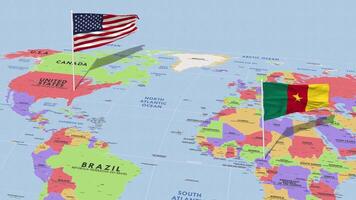 Camerún y unido estados bandera ondulación con el mundo mapa, sin costura lazo en viento, 3d representación video