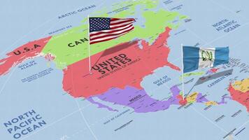 Guatemala and United States Flag Waving with The World Map, Seamless Loop in Wind, 3D Rendering video