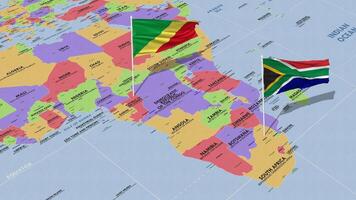 congo e Sud Africa bandiera agitando con il mondo carta geografica, senza soluzione di continuità ciclo continuo nel vento, 3d interpretazione video