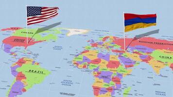 Armenia and United States Flag Waving with The World Map, Seamless Loop in Wind, 3D Rendering video