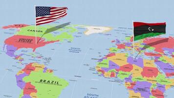 Libië en Verenigde staten vlag golvend met de wereld kaart, naadloos lus in wind, 3d renderen video