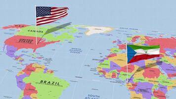 equatorial Guiné e Unidos estados bandeira acenando com a mundo mapa, desatado ciclo dentro vento, 3d Renderização video