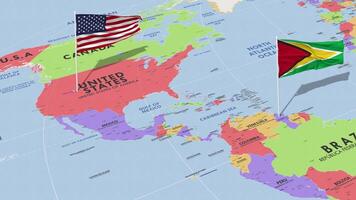 Guayana y unido estados bandera ondulación con el mundo mapa, sin costura lazo en viento, 3d representación video