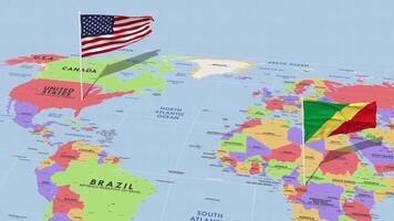 congo y unido estados bandera ondulación con el mundo mapa, sin costura lazo en viento, 3d representación video