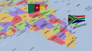 Camarões e sul África bandeira acenando com a mundo mapa, desatado ciclo dentro vento, 3d Renderização video