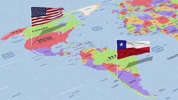 Chile e Unidos estados bandeira acenando com a mundo mapa, desatado ciclo dentro vento, 3d Renderização video